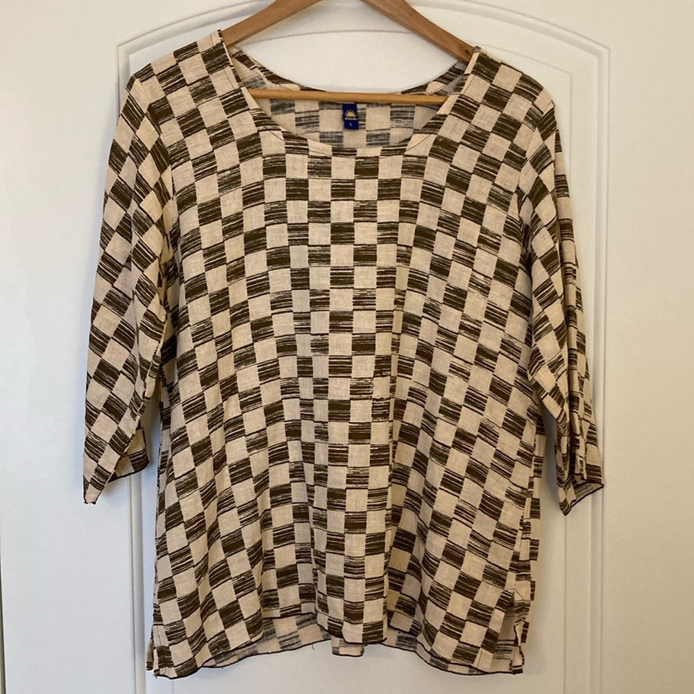 Hilltribe Boxy Brown and Cream Checkered 100% Linen Blouse Size L EUC